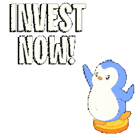 a penguin is standing on a pile of gold coins with the words invest now