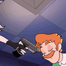a cartoon of a man holding a gun to his forehead