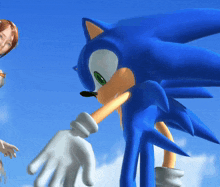 a cartoon character named sonic the hedgehog stands next to a woman