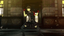 a woman in a black and yellow outfit is dancing in front of a building that says ' shrine ' on it