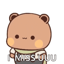 a cartoon teddy bear is holding a scarf and saying `` i miss u u '' .
