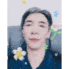 a man with his eyes closed is surrounded by balloon flowers and stars .