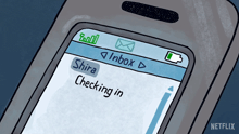 a cartoon drawing of a cell phone that says ' inbox ' on it