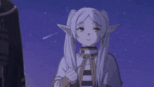 a girl with long white hair and elf ears is standing next to a man in a suit .