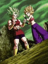 a couple of anime characters standing next to each other on a hill