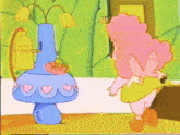 a cartoon character with pink hair and wings is standing next to a mirror