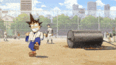 a cartoon of a boy standing next to a large barrel
