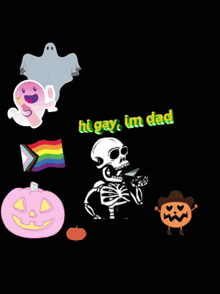 a halloween poster with a skeleton holding a martini and a pumpkin that says boo