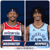 a washington wizards and memphis grizzlies basketball game is scheduled for nov 5 at 7:00 pm et