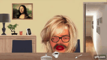 a computer generated image of a woman with glasses and red lips