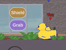 a yellow rubber duck is flying through the air with the words grab and shield below it