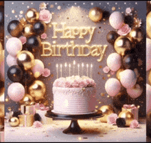 a happy birthday card with a cake , balloons , flowers and presents .