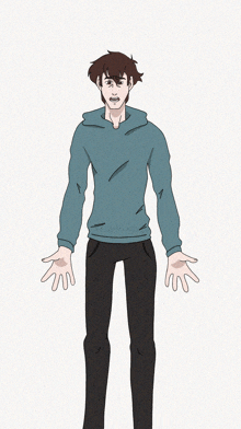 a drawing of a man in a blue hoodie with his hands outstretched