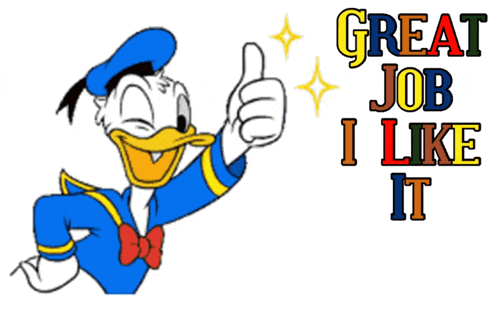 donald duck is giving a thumbs up with the words great job i like it behind him 