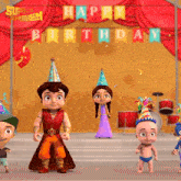 a group of cartoon characters standing in front of a sign that says happy birthday