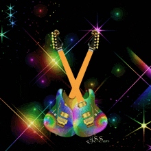 two guitars are crossed in front of a colorful background and the word sun is on the bottom