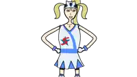 a cartoon drawing of a girl wearing a helmet and a dress