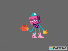 a robot holding a cup of coffee and bunny slippers