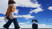 a cartoon character walking next to a cartoon character with a smile on its face