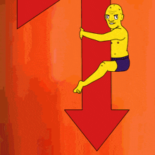 a cartoon drawing of a man hanging on a red arrow