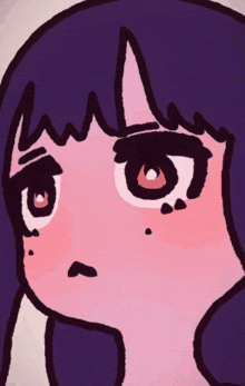a cartoon drawing of a girl with purple hair covering her face with her hand