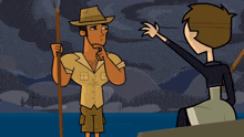 a man in a hat pointing at another man in a boat
