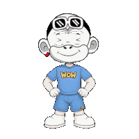 a cartoon character wearing a blue wow shirt and shorts