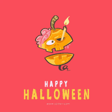 a happy halloween greeting card with a cartoon pumpkin
