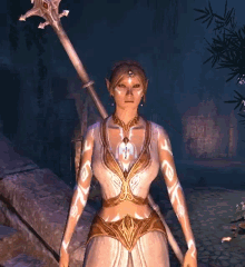 a woman in a white dress is holding a spear in her right hand