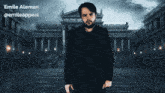 a poster for grammy shows a man standing in front of a large building