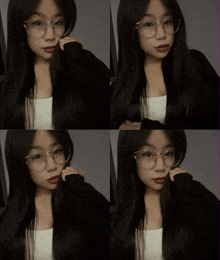 four pictures of a woman wearing glasses and a ring