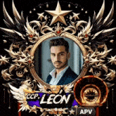 a picture of a man in a suit is in a frame with wings and a star .