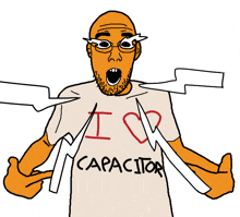 a cartoon of a man wearing a t-shirt that says i love capacitor