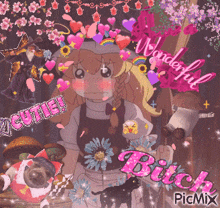 a picture of a girl with the words " wonderful bitch " written on it