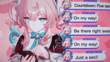 a girl with pink hair is holding a cell phone in front of a countdown message