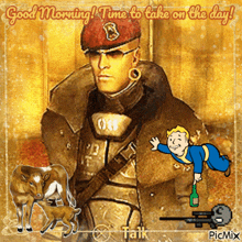 a picture of a man with the words good morning time to take on the day at the top