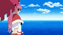 a girl with pink hair stands in front of a body of water