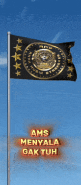 a black and gold ams flag is flying in the blue sky