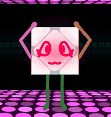 a cartoon character is standing on a pink and purple polka dot floor and making a funny face .