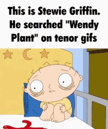 a cartoon of stewie griffin sitting in a bed with the caption " this is stewie griffin "