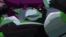 a cartoon drawing of a robot with a purple head and green body