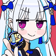 a drawing of a girl with white hair and purple eyes holding a stuffed animal