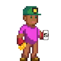 a pixel art of a man wearing a green hat and a pink shirt holding a card with the letter s on it