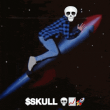a man with a skull on his head is riding a rocket with the words $ skull below him