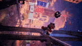 a cartoon drawing of a city with a ferris wheel and a bear with red eyes