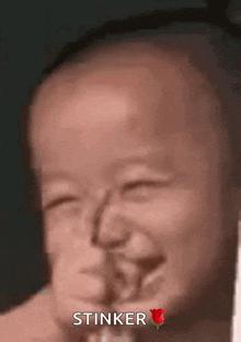 a baby is making a funny face with the word stinker written above it