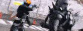 a group of superheros are fighting each other on a street .