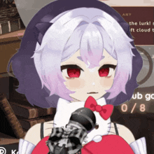 a girl with purple hair and red eyes holding a microphone