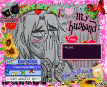 a drawing of a man covering his face with the words " love my god " above him