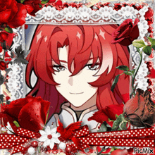 a picture of a girl with red hair is surrounded by roses
